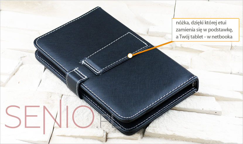Etui z eke sk&oacute;ry z praktyczna chowaną n&oacute;żką jako stojak pod tablet 