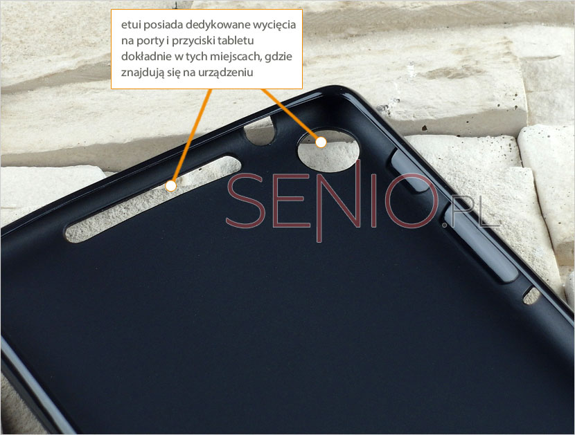 Pokrowiec na tablet Asus Nexus II 7.0  posiada wyprofilowane otwory  na gniazdo ładowania i aparat